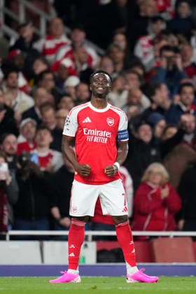 Arsenal FC v Atletico de Madrid - UEFA Champions League 2025 26 Semi Final Second Leg Bukayo Saka right winger of Arsenal and England celebrates after scoring his sides first goal during the UEFA Champions League 2025 26 Semi Final Second Leg match between Arsenal FC and Atletico de Madrid at Arsenal Stadium on May 5, 2026 in London, England. London England United Kingdom  Copyright: xJosexBretonx originalFilename:bretonhernandez-arsenalf260505_npogK.jpg
