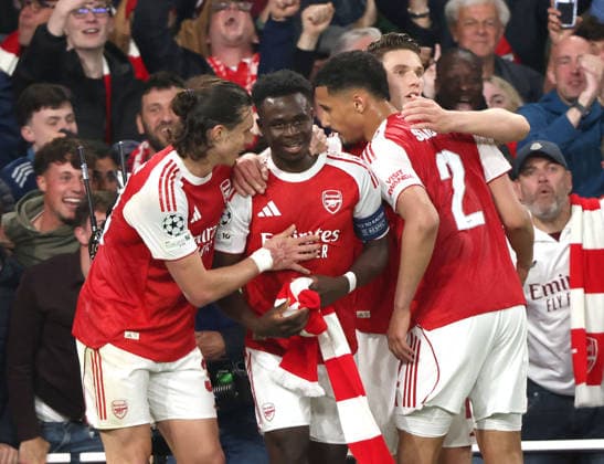 Bukayo Saka (A) is congratulated after scoring the first Arsenal goal (1-0) at the Arsenal v Atletico Madrid UEFA Champions League semi-final 2nd leg match, at the Emirates Stadium, London, UK on 5th May, 2026.  .