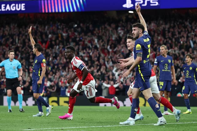 London, England, 5th May 2026. Bukayo Saka of Arsenal celebrates after scoring to make it 1-0 during the Arsenal vs Atletico Madrid UEFA Champions League match at the Emirates Stadium, London. Picture credit should read: David Klein Sportimage EDITORIAL USE ONLY. No use with unauthorised audio, video, data, fixture lists, club league logos or live services. Online in-match use limited to 120 images, no video emulation. No use in betting, games or single club league player publications. SPI_086_DK_Arsenal_Athletico_Madrid SPI-4781-0086