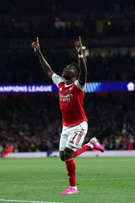 London, England, 5th May 2026. Bukayo Saka of Arsenal celebrates after scoring to make it 1-0 during the Arsenal vs Atletico Madrid UEFA Champions League match at the Emirates Stadium, London. Picture credit should read: David Klein Sportimage EDITORIAL USE ONLY. No use with unauthorised audio, video, data, fixture lists, club league logos or live services. Online in-match use limited to 120 images, no video emulation. No use in betting, games or single club league player publications. SPI_087_DK_Arsenal_Athletico_Madrid SPI-4781-0087