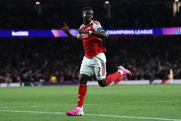 London, England, 5th May 2026. Bukayo Saka of Arsenal celebrates after scoring to make it 1-0 during the Arsenal vs Atletico Madrid UEFA Champions League match at the Emirates Stadium, London. Picture credit should read: David Klein Sportimage EDITORIAL USE ONLY. No use with unauthorised audio, video, data, fixture lists, club league logos or live services. Online in-match use limited to 120 images, no video emulation. No use in betting, games or single club league player publications. SPI_088_DK_Arsenal_Athletico_Madrid SPI-4781-0088