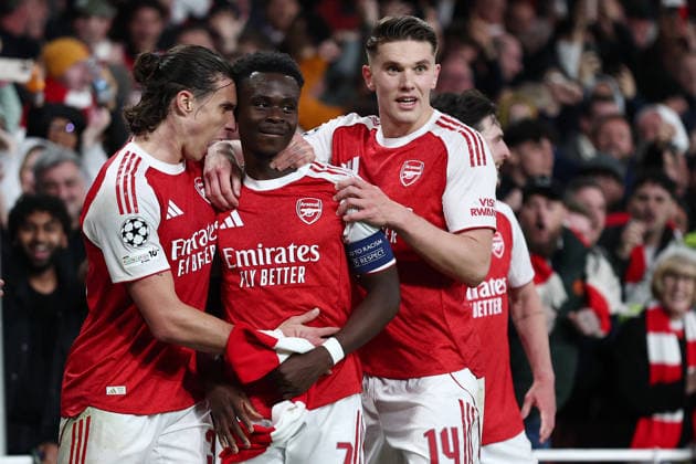 London, England, 5th May 2026. Bukayo Saka (C) of Arsenal celebrates after scoring to make it 1-0 during the Arsenal vs Atletico Madrid UEFA Champions League match at the Emirates Stadium, London. Picture credit should read: David Klein Sportimage EDITORIAL USE ONLY. No use with unauthorised audio, video, data, fixture lists, club league logos or live services. Online in-match use limited to 120 images, no video emulation. No use in betting, games or single club league player publications. SPI_089_DK_Arsenal_Athletico_Madrid SPI-4781-0089
