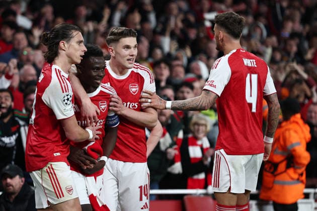 London, England, 5th May 2026. Bukayo Saka (2nd L) of Arsenal celebrates after scoring to make it 1-0 during the Arsenal vs Atletico Madrid UEFA Champions League match at the Emirates Stadium, London. Picture credit should read: David Klein Sportimage EDITORIAL USE ONLY. No use with unauthorised audio, video, data, fixture lists, club league logos or live services. Online in-match use limited to 120 images, no video emulation. No use in betting, games or single club league player publications. SPI_090_DK_Arsenal_Athletico_Madrid SPI-4781-0090