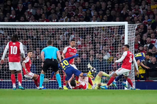 May 5, 2026, London, London, England: Declan Rice, Gabriel, Jurrien Timber of Arsenal FC and Giuliano Simeone of Atletico de Madrid fight for the ball during the UEFA Champions League 2025 26 Semi Final Second Leg match between Arsenal FC and Atletico de Madrid at Emirates Stadium on May 05, 2026, in London, England. Arsenal FC V Atletico De Madrid - UEFA Champions League 2025 26 Semi Final Second Leg  - ZUMAa181 20260505_zaa_a181_086 Copyright: xDennisxAgyemanx