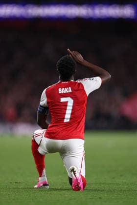 London, England, 5th May 2026. Bukayo Saka of Arsenal celebrates after scoring to make it 1-0 during the Arsenal vs Atletico Madrid UEFA Champions League match at the Emirates Stadium, London. Picture credit should read: David Klein Sportimage EDITORIAL USE ONLY. No use with unauthorised audio, video, data, fixture lists, club league logos or live services. Online in-match use limited to 120 images, no video emulation. No use in betting, games or single club league player publications. SPI_095_DK_Arsenal_Athletico_Madrid SPI-4781-0095
