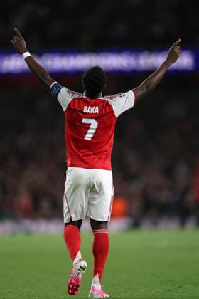 London, England, 5th May 2026. Bukayo Saka of Arsenal celebrates after scoring to make it 1-0 during the Arsenal vs Atletico Madrid UEFA Champions League match at the Emirates Stadium, London. Picture credit should read: David Klein Sportimage EDITORIAL USE ONLY. No use with unauthorised audio, video, data, fixture lists, club league logos or live services. Online in-match use limited to 120 images, no video emulation. No use in betting, games or single club league player publications. SPI_097_DK_Arsenal_Athletico_Madrid SPI-4781-0097