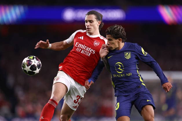 Arsenal gegen Atletico Madrid 05. Mai 2026, London UEFA Champions League Halbfinale Rückspiel Arsenal gegen Atletico Madrid Riccardo Calafiori von Arsenal und Giuliano Simeone von Atletico Madrid Foto Jacques Feeney Abseits London UK  Copyright: xJacquesxFeeneyx xOffsidexOffside