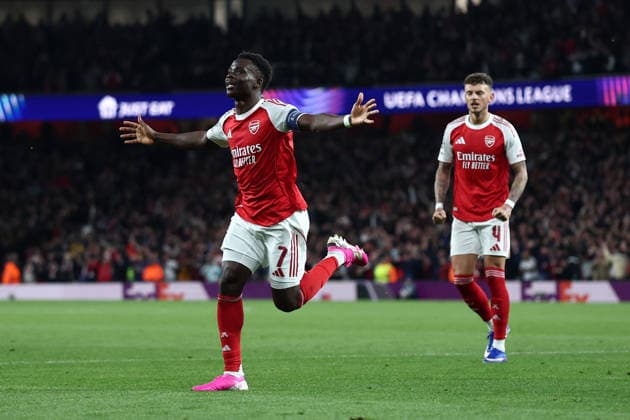 London, England, 5th May 2026. Bukayo Saka of Arsenal celebrates after scoring to make it 1-0 during the Arsenal vs Atletico Madrid UEFA Champions League match at the Emirates Stadium, London. Picture credit should read: David Klein Sportimage EDITORIAL USE ONLY. No use with unauthorised audio, video, data, fixture lists, club league logos or live services. Online in-match use limited to 120 images, no video emulation. No use in betting, games or single club league player publications. SPI_100_DK_Arsenal_Athletico_Madrid SPI-4781-0100