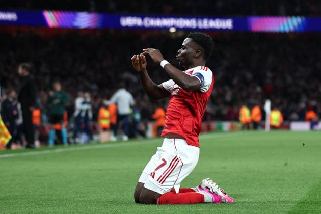 London, England, 5th May 2026. Bukayo Saka of Arsenal celebrates after scoring to make it 1-0 during the Arsenal vs Atletico Madrid UEFA Champions League match at the Emirates Stadium, London. Picture credit should read: David Klein Sportimage EDITORIAL USE ONLY. No use with unauthorised audio, video, data, fixture lists, club league logos or live services. Online in-match use limited to 120 images, no video emulation. No use in betting, games or single club league player publications. SPI_101_DK_Arsenal_Athletico_Madrid SPI-4781-0101