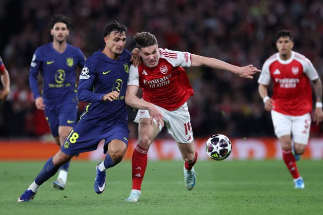 London, England, 5th May 2026. Marc Pubill of Atletico Madrid and Viktor Gyokeres of Arsenal challenge for the ball during the Arsenal vs Atletico Madrid UEFA Champions League match at the Emirates Stadium, London. Picture credit should read: David Klein Sportimage EDITORIAL USE ONLY. No use with unauthorised audio, video, data, fixture lists, club league logos or live services. Online in-match use limited to 120 images, no video emulation. No use in betting, games or single club league player publications. SPI_113_DK_Arsenal_Athletico_Madrid SPI-4781-0113