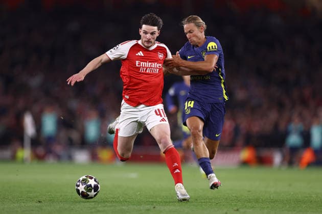 Arsenal gegen Atletico Madrid 05. Mai 2026, London UEFA Champions League Halbfinale Rückspiel Arsenal gegen Atletico Madrid Declan Rice von Arsenal und Marcos Llorente von Atletico Madrid Foto Jacques Feeney Abseits London UK  Copyright: xJacquesxFeeneyx xOffsidexOffside