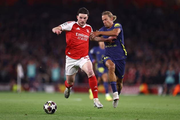 Arsenal gegen Atletico Madrid 05. Mai 2026, London UEFA Champions League Halbfinale Rückspiel Arsenal gegen Atletico Madrid Declan Rice von Arsenal und Marcos Llorente von Atletico Madrid Foto Jacques Feeney Abseits London UK  Copyright: xJacquesxFeeneyx xOffsidexOffside