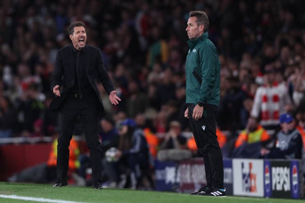 London, England, 5th May 2026. Diego Simeone manager of Atletico Madrid reacts toward the fourth official Tobias Stieler during the Arsenal vs Atletico Madrid UEFA Champions League match at the Emirates Stadium, London. Picture credit should read: David Klein Sportimage EDITORIAL USE ONLY. No use with unauthorised audio, video, data, fixture lists, club league logos or live services. Online in-match use limited to 120 images, no video emulation. No use in betting, games or single club league player publications. SPI_120_DK_Arsenal_Athletico_Madrid SPI-4781-0120
