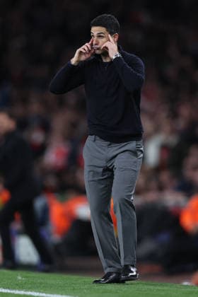 London, England, 5th May 2026. Mikel Arteta manager of Arsenal gestures during the Arsenal vs Atletico Madrid UEFA Champions League match at the Emirates Stadium, London. Picture credit should read: David Klein Sportimage EDITORIAL USE ONLY. No use with unauthorised audio, video, data, fixture lists, club league logos or live services. Online in-match use limited to 120 images, no video emulation. No use in betting, games or single club league player publications. SPI_123_DK_Arsenal_Athletico_Madrid SPI-4781-0123