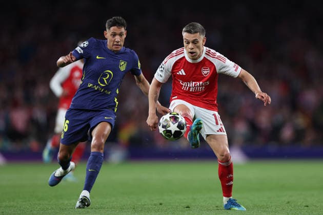 London, England, 5th May 2026. Nahuel Molina of Atletico Madrid and Leandro Trossard of Arsenal challenge for the ball during the Arsenal vs Atletico Madrid UEFA Champions League match at the Emirates Stadium, London. Picture credit should read: David Klein Sportimage EDITORIAL USE ONLY. No use with unauthorised audio, video, data, fixture lists, club league logos or live services. Online in-match use limited to 120 images, no video emulation. No use in betting, games or single club league player publications. SPI_124_DK_Arsenal_Athletico_Madrid SPI-4781-0124