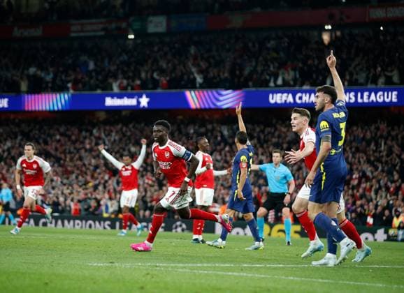 Bukayo Saka celebrates scoring the opening goal of the game for Arsenal Mikel Arteta the Arsenal manager Arsenal v Atletico Madrid, Football, UEFA Champions League, Semi-Final 2nd Leg, Emirates Stadium, Islington, London, UK - 05 05 2026  Copyright: xMattxImpey Shutterstockx 16860940e