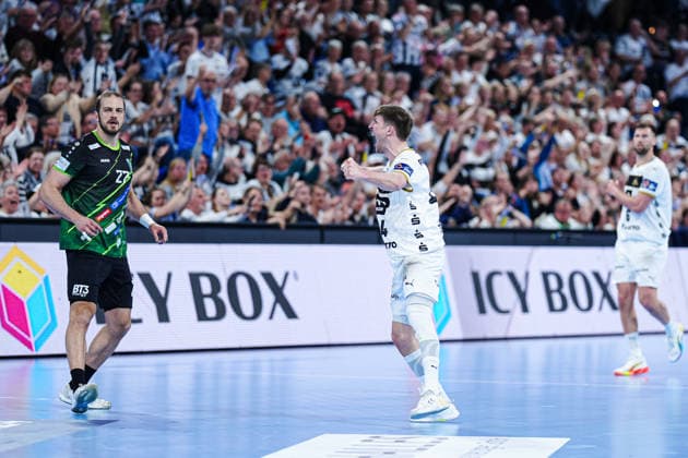 Goal celebration Lukas Zerbe THW Kiel, 24 GER, THW Kiel vs RK Nexe, Handball, EHF European League, quarter-final, second leg, 2025 2026 season, 05 05 2026 GER, THW Kiel vs RK Nexe, Handball, EHF European League, quarter-final, second leg, 2025 2026 season, 05 05 2026 Kiel Copyright: xEibner-Pressefoto MarcelxvonxFehrnx EP_MFN