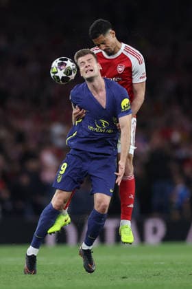 London, England, 5th May 2026. Alexander Sorloth of Atletico Madrid and William Saliba of Arsenal challenge for the ball during the Arsenal vs Atletico Madrid UEFA Champions League match at the Emirates Stadium, London. Picture credit should read: David Klein Sportimage EDITORIAL USE ONLY. No use with unauthorised audio, video, data, fixture lists, club league logos or live services. Online in-match use limited to 120 images, no video emulation. No use in betting, games or single club league player publications. SPI_132_DK_Arsenal_Athletico_Madrid SPI-4781-0132
