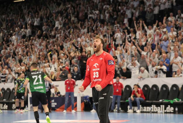 photo Kiel players cheer during the seven-meter throw, goalkeeper Andreas WOLFF Kiel holds on again Handball Men on Tue 05 05 2026 Mens EHF European League , THW Kiel RK Nexe Nasice