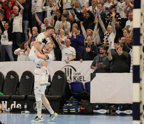 photo cheering after the final whistle by the players from Kiel , happy with Lukas ZERBE Kiel Handball Men on Tue 05 05 2026 Mens EHF European League , THW Kiel RK Nexe Nasice