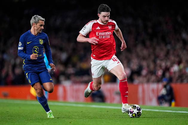 May 5, 2026, London, London, England: Declan Rice of Arsenal FC and Antoine Griezmann of Atletico de Madrid in action during the UEFA Champions League 2025 26 Semi Final Second Leg match between Arsenal FC and Atletico de Madrid at Emirates Stadium on May 05, 2026, in London, England. London England - ZUMAa181 20260505_zaa_a181_090 Copyright: xDennisxAgyemanx