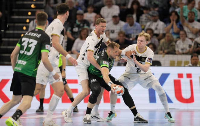 photo on the ball Kresimir Kozina Nasice against Magnus Landin and on the right Eric Johansson both Kiel Handball Men on Tue 05 05 2026 Mens EHF European League , THW Kiel RK Nexe Nasice