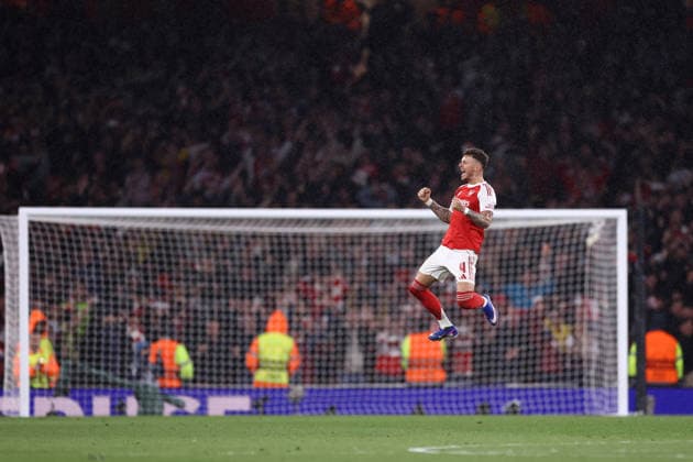 Arsenal gegen Atletico Madrid 05. Mai 2026, London UEFA Champions League Halbfinale Rückspiel Arsenal gegen Atletico Madrid Ben White von Arsenal feiert den Sieg Foto Jacques Feeney Abseits London UK  Copyright: xJacquesxFeeneyx xOffsidexOffside