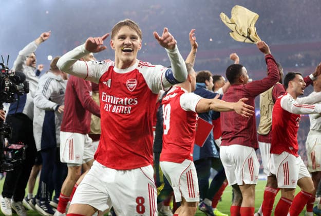 Martin Odegaard (A) celebrates at the final whistle at the Arsenal v Atletico Madrid UEFA Champions League semi-final 2nd leg match, at the Emirates Stadium, London, UK on 5th May, 2026.  .