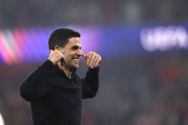 Mikel Arteta (Arsenal manager) celebrates after the final whistle as Arsenal win at the Arsenal v Atletico Madrid UEFA Champions League semi-final 2nd leg match, at the Emirates Stadium, London, UK on 5th May, 2026.  .