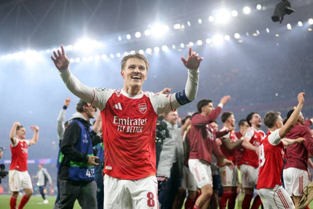 Martin Odegaard (A) celebrates at the final whistle at the Arsenal v Atletico Madrid UEFA Champions League semi-final 2nd leg match, at the Emirates Stadium, London, UK on 5th May, 2026.  .