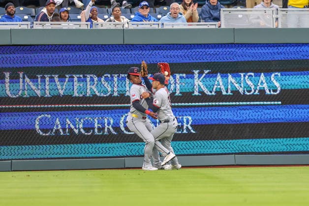 MAY 5, 2026: Cleveland Guardians outfielder Angel MartoÂ­nez (1) and Cleveland Guardians outfielder Steven Kwan (38) collides in the outfield against the Kansas City Royals at Kauffman Stadium in Kansas City, MO. CSM Kansas City United States - ZUMAc04_ 20260505_zma_c04_117 Copyright: xRomanxPunox