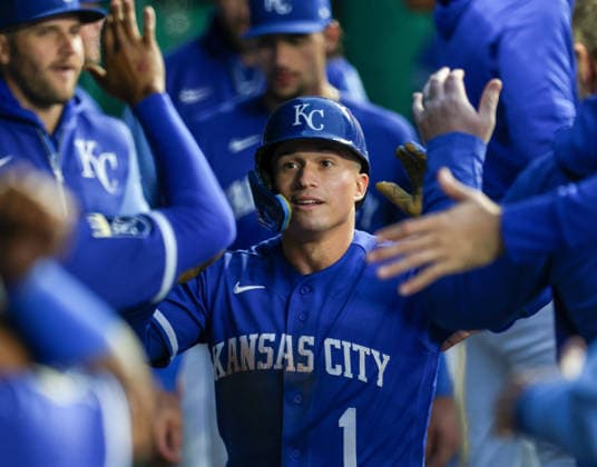 MAY 5, 2026: Kansas City Royals outfielder Isaac Collins (1) celebrates in the dugout against the Cleveland Guardians at Kauffman Stadium in Kansas City, MO. CSM MLB, Baseball Herren, USA 2026: Guardians Vs Royals May 5th  - ZUMAc04_ 20260505_zma_c04_142 Copyright: xRomanxPunox