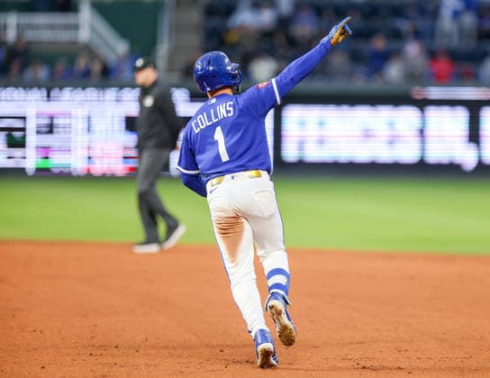 MAY 5, 2026: Kansas City Royals outfielder Isaac Collins (1) hits a home run in the 6th inning against the Cleveland Guardians at Kauffman Stadium in Kansas City, MO. CSM Kansas City United States - ZUMAc04_ 20260505_zma_c04_131 Copyright: xRomanxPunox