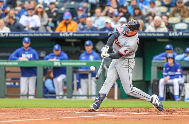MAY 5, 2026: Cleveland Guardians designated hitter Kyle Manzardo (9) at bat against the Kansas City Royals at Kauffman Stadium in Kansas City, MO. CSM Kansas City United States - ZUMAc04_ 20260505_zma_c04_140 Copyright: xRomanxPunox
