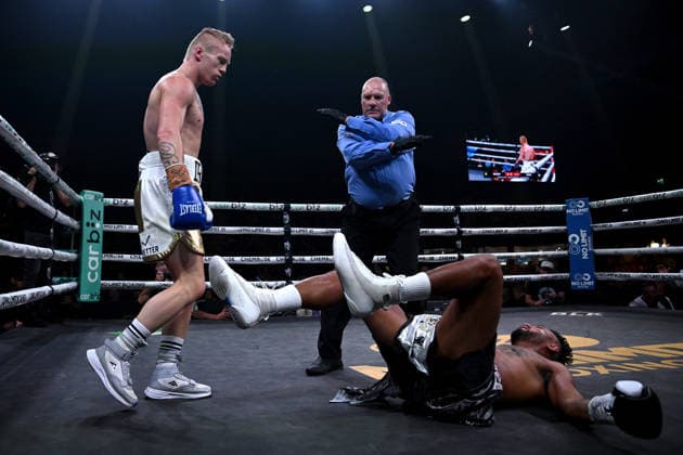 BOXING TSZYU DIAZ, Kyron Dryden (left) knocks down Hunter Ioane during their Welterweight undercard bout ahead of the WBO International Super Welterweight Title fight between Nikita Tszyu and Oscar Diaz at Newcastle Entertainment Centre in Newcastle, Wednesday, May 6, 2026. ( NO ARCHIVING, EDITORIAL USE ONLY NEWCASTLE NEW SOUTH WALES AUSTRALIA  Copyright: xDANxHIMBRECHTSx 20260506122027974834
