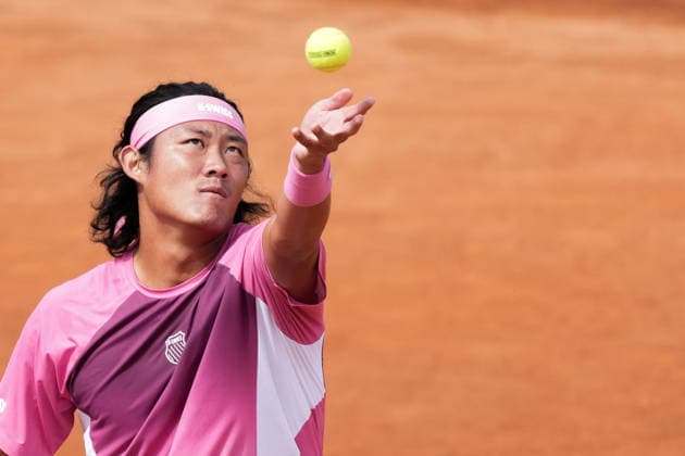 Zhizhen Zhang of China serves during the match against Daniel Altmaier of Germany at the Internazionali BNL d Italia 2026 tennis tournament at Foro Italico in Rome, Italy on May, 6, 2026. AntoniettaxBaldassarre