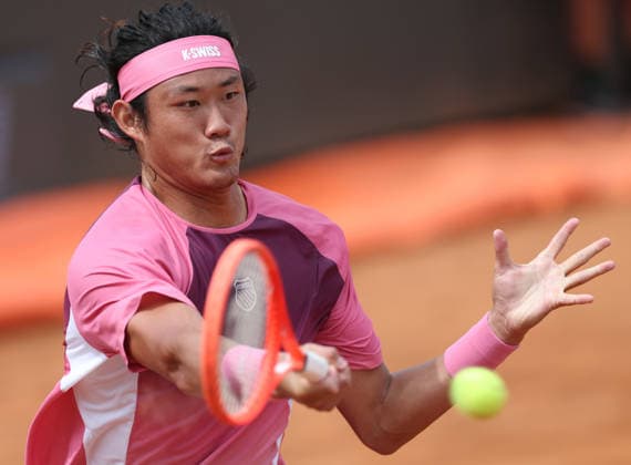 (260506) -- ROME, May 6, 2026 -- Zhang Zhizhen hits a return during the men s singles first round match between Zhang Zhizhen of China and Daniel Altmaier of Germany at the ATP, Tennis Herren Italian Open in Rome, Italy, May 6, 2026. ) (SP)ITALY-ROME-TENNIS-ATP-ITALIAN OPEN-ZHANG ZHIZHEN VS DANIEL ALTMAIER LixJing 
