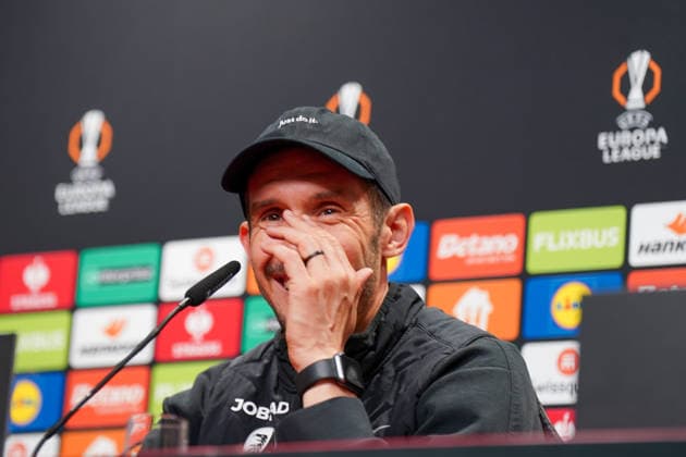 Germany Soccer Europa League 2025 2026 Julian Schuster SC Freiburg, Coach Press conference, Media, Sporting Braga Copyright: xJOERANxSTEINSIEKx