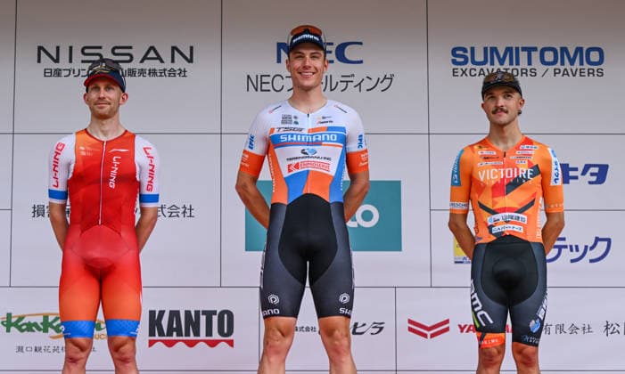 James Gardner Wins The 2026 Wakayama Castle Criterium WAKAYAMA, JAPAN - MAY 6: (L-R) Cameron Scott of Li Ning Star, winner James Gardner of Terengganu Cycling Team, and Elliot Schultz of Victoire Hiroshima pose on the podium following the Wakayama Castle Criterium on May 6, 2026, in Wakayama City, Japan. The 30km high-speed race served as the official pre-event for the 26th Tour de Kumano, drawing elite international talent to the historic castle district. Wakayama Japan  Copyright: xArturxWidakx originalFilename:widak-jamesgar260506_npAKI.jpg