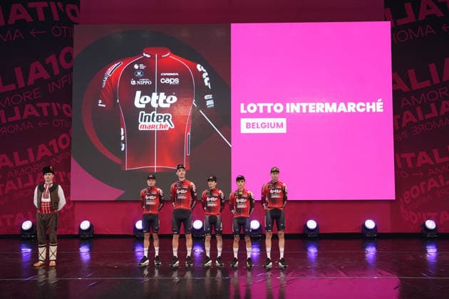 LOTTO INTERMARCHE Team during the teams presentation ahead of the Giro d™Italia cycling race in Burgas. The race starts on Friday, May 8, with the first stage over 160 km, from Nessebar to Burgas, Bulgaria - Wednesday, May 6, 2026. - cycling.  Copyright: xFabioxFerrarix xLaPressex