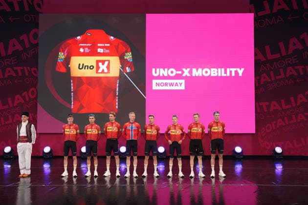UNO - X MOBILITY team during the teams presentation ahead of the Giro d™Italia cycling race in Burgas. The race starts on Friday, May 8, with the first stage over 160 km, from Nessebar to Burgas, Bulgaria - Wednesday, May 6, 2026. - cycling.  Copyright: xFabioxFerrarix xLaPressex