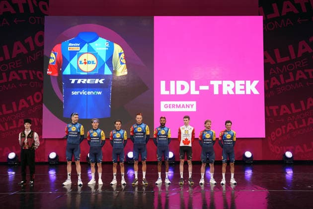 LIDL-TREK Team during the teams presentation ahead of the Giro d™Italia cycling race in Burgas. The race starts on Friday, May 8, with the first stage over 160 km, from Nessebar to Burgas, Bulgaria - Wednesday, May 6, 2026. - cycling.  Copyright: xFabioxFerrarix xLaPressex