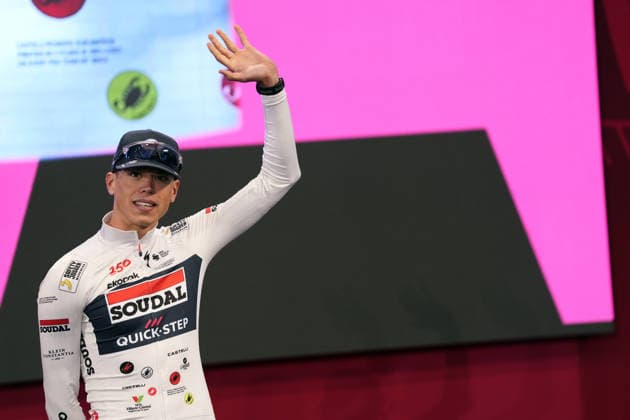 France™s Paul Magnier of Soudal Quick-Step during the teams presentation ahead of the Giro d™Italia cycling race in Burgas. The race starts on Friday, May 8, with the first stage over 160 km, from Nessebar to Burgas, Bulgaria - Wednesday, May 6, 2026. - cycling.  Copyright: xFabioxFerrarix xLaPressex