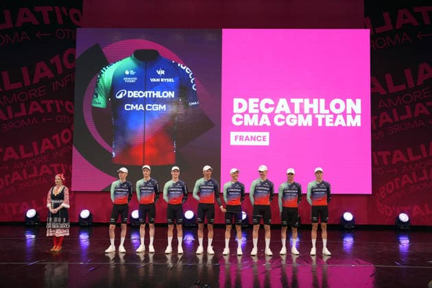 DECATHLON CMA CGM team during the teams presentation ahead of the Giro d™Italia cycling race in Burgas. The race starts on Friday, May 8, with the first stage over 160 km, from Nessebar to Burgas, Bulgaria - Wednesday, May 6, 2026. - cycling.  Copyright: xFabioxFerrarix xLaPressex