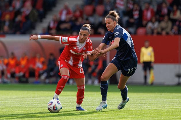 Arianna Caruso 27, FC Bayern Munich and Franziska Harsch 17, TSG 1899 Hoffenheim at the match between FC Bayern Munich v TSG 1899 Hoffenheim, Football, Women, Google Pixel Women Bundesliga, 2025 2026, 24 Matchday on 06 05 2026 in Munich, FC Bayern Campus DFL and DFB regulations prohibit any use of photographs as image sequences and or quasi video Bayern Germany