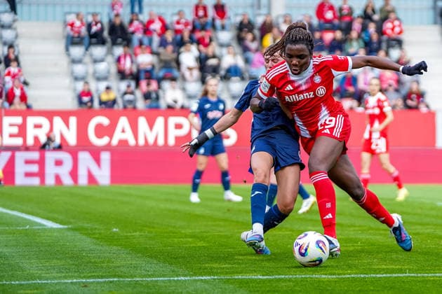 Edna Imade 29 Bayern and Jill Janssens 9 Hoffenheim in action at the Google Pixel Womens Bundesliga match FC Bayern Munich TSG Hoffenheim on 06 05 2026 Munich FC Bayern Campus Bayern Germany