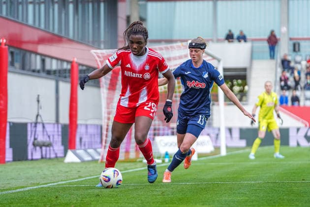 Edna Imade 29 Bayern and Wielle Douma 13 Hoffenheim in action at the Google Pixel Womens Bundesliga match FC Bayern Munich TSG Hoffenheim on 06 05 2026 Munich FC Bayern Campus Bayern Germany