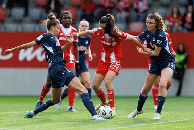 Natalia Padilla Bidas 23, FC Bayern München , Franziska Harsch 17, TSG 1899 Hoffenheim and Lisa Doorn 14, TSG 1899 Hoffenheim at the match between FC Bayern München v TSG 1899 Hoffenheim, Football, Women, Google Pixel Women Bundesliga, 2025 2026, 24 Matchday on 06 05 2026 in Munich, FC Bayern Campus DFL and DFB regulations prohibit any use of photographs as image sequences and or quasi video Bayern Germany