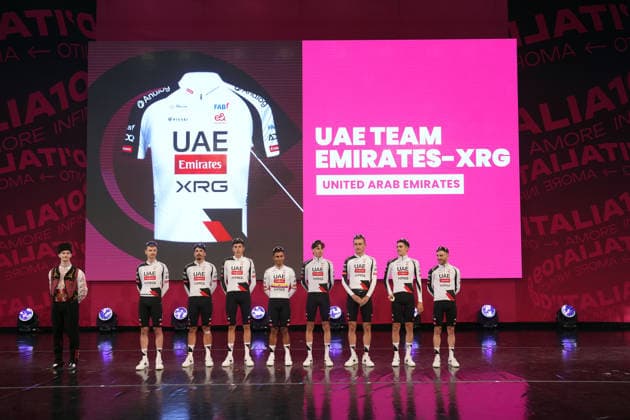 UAE TEAM EMIRATES XRG team during the teams presentation ahead of the Giro d™Italia cycling race in Burgas. The race starts on Friday, May 8, with the first stage over 160 km, from Nessebar to Burgas, Bulgaria - Wednesday, May 6, 2026. - cycling.  Copyright: xFabioxFerrarix xLaPressex