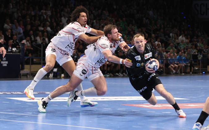 Ismail Mohamed Zeinelabedin Ali, Luka Cindric, Mathias Gidsel on the ball duel match scene Action Sport Handball CL Champions League Champions League Mens quarter-final second leg season 2025 2026 06 05 2026 Füchse Berlin vs Veszprem HC in the Max Schmeling Halle